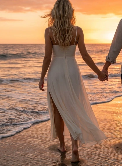 Романтична босоніжна прогулянка по мокрому піску на заході сонця, пара тримається за руки, ультра фотореалізм