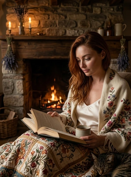 Уютный уголок для чтения у каменного камина: книга на вышитом одеяле, лаванда, свечи и шелковая сорочка