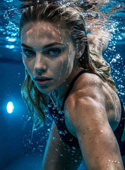 سباح نخبوي يخرج من أعماق المسبح: صورة درامية عالية التباين مع إضاءة زرقاء سينمائية