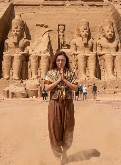 صورة سينمائية واقعية فائقة لمسافر أمام تماثيل أبو سمبل العملاقة في الظهر | نسيج دقيق 8K