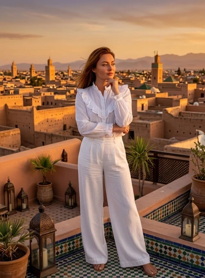 غروب الشمس من تراس رياض في مراكش - بانوراما المدينة مع أشعة ذهبية دافئة