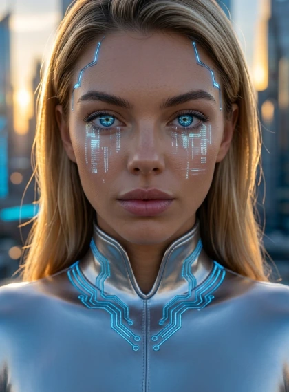 لقطة سينمائية مقربة لوجه مستقبلي بنظرة مكثفة وزرعات عصبية متوهجة وبيانات هولوغرافية