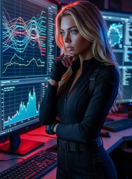 هاكر يفكر بعمق يد على الذقن عيون مدببة تحلل رسوم شبكات معقدة نابضة بحركة مرور حية على شاشات عملاقة إضاءة طوارئ درامية...