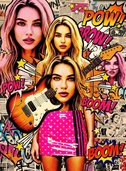 ポップアート狂乱：ギター女性ピンクイエロー顔繰り返し