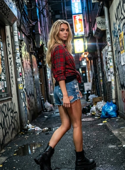 雨の狭い路地をダイナミックに歩く女性、赤チェックフランネルシャツと破れデニムショーツ、ダッチアングル超フォトリアリズム