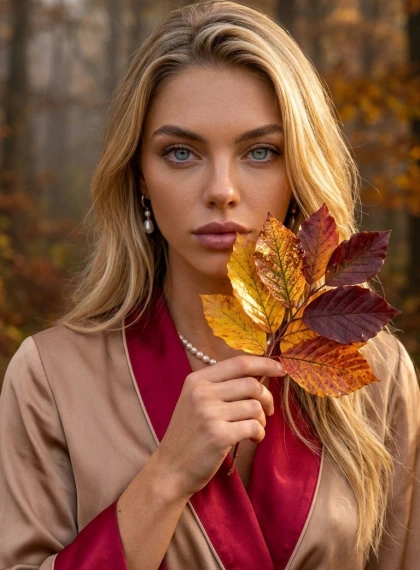 顔元に輝く色鮮やかな秋の紅葉を持つ女性 - 霧の森背景のウルトラフォトリアリズムポートレート