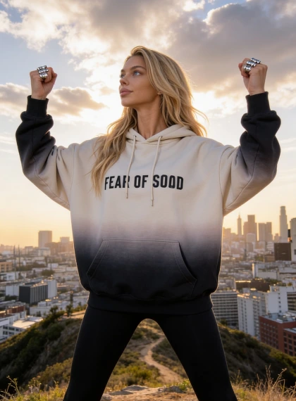 도시 언덕 정상 승리 포즈: Fear of God 그라데 후디, 블랙 레깅스, 초현실 포토리얼 전신 샷