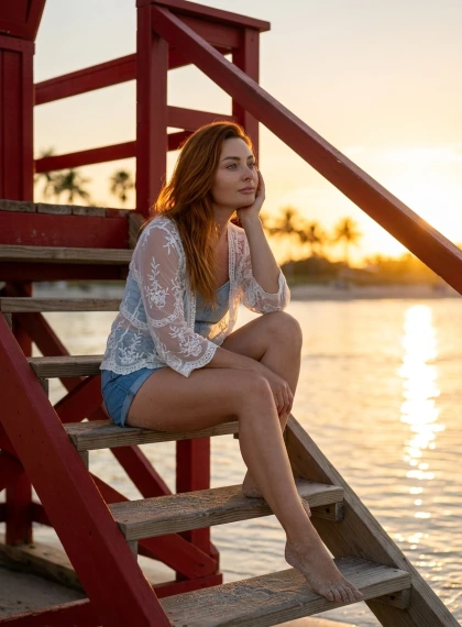 저녁 해변 생명구조탑 계단, 바다를 응시하는 여성 초현실적 시네마틱 장면 황금빛 레이스 탑 데님 숏츠